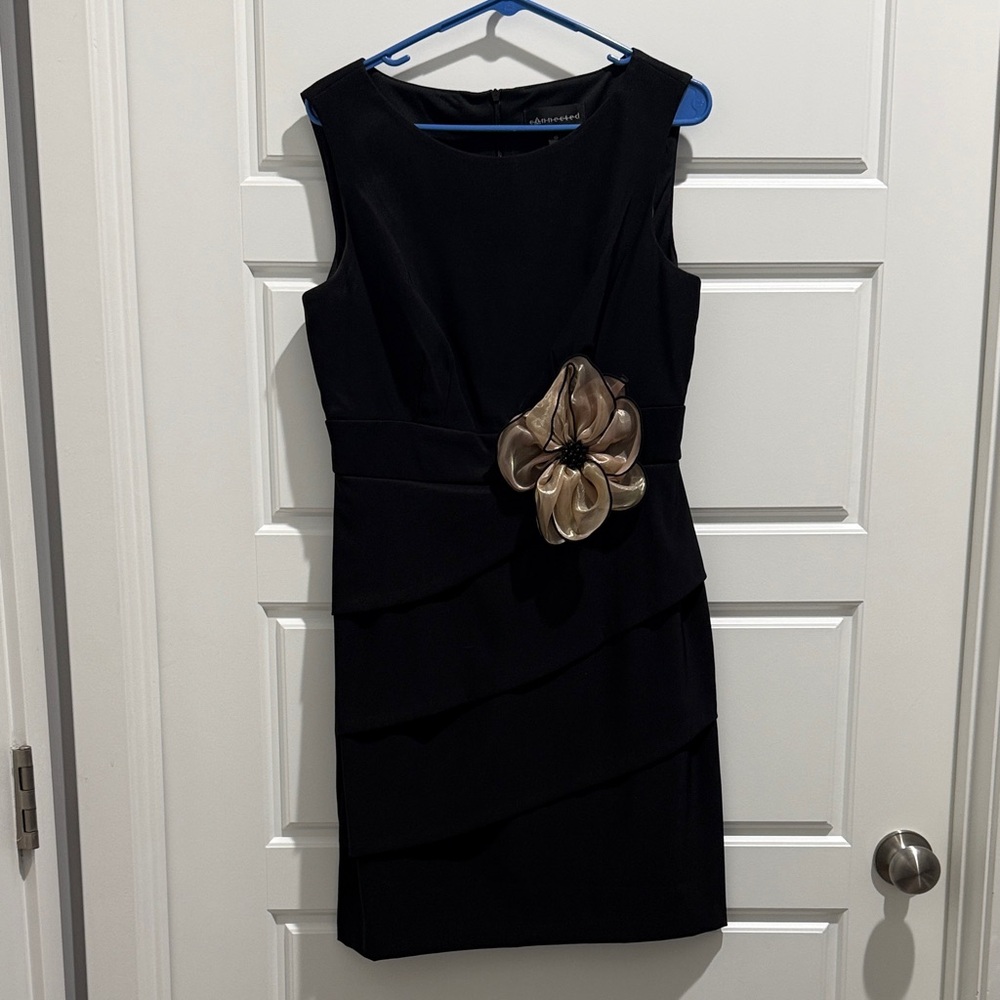 Connected Apparel Black Dress with Gold Floral Accent